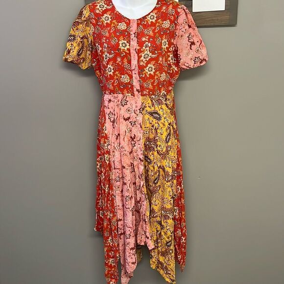 ZARA Women Collection Floral Asymmetrical Short Sleeve Button Down Boho MIDI-Lrg - Picture 1 of 13